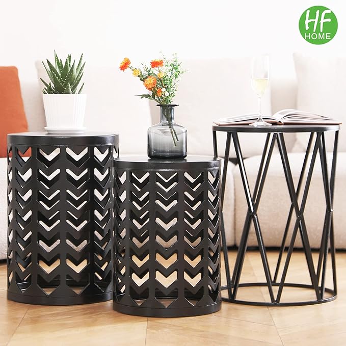 Set of 3 Modern Metal Side End Tables, Round Nesting Coffee Table Indoor, Nightstand Plant Stand for Living Room, Bedroom, Office, Garden Stool - Pure Black (Ship from US)