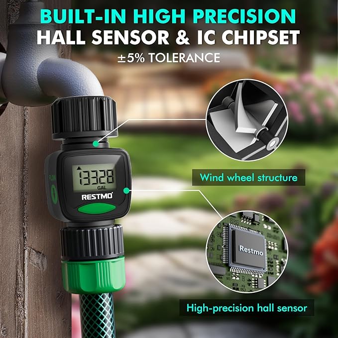 RESTMO Water Flow Meter, High Measure Accuracy, Measure Gallon/Liter Consumption and Flow Rate for Outdoor Garden Hose Watering, RV Water Tank Filling, Lawn Sprinkler and Nozzle Sprayer