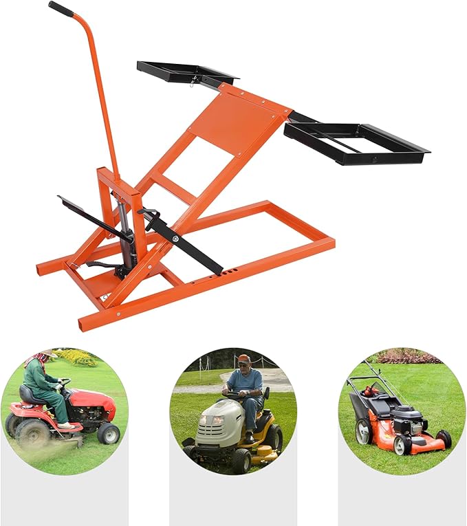 Lawn Mower Lift with Hydraulic Jack 500 Lbs Weight Capacity, Solid Carbon Steel Lawn Mower Lift, Adjustable Wheel Span Lawn Lifter for Garden Tractors and Lawn Mowers (Orange+ Black)