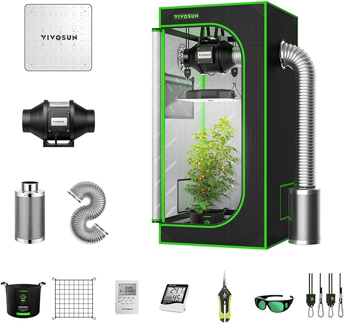 VIVOSUN 2 x 2 ft. Grow Tent Kit Complete, 24"x24"x48" Grow Tent Complete System with VS1000 Led Grow Light, 4 Inch 190CFM Inline Fan, Carbon Filter and 8ft Ducting Combo