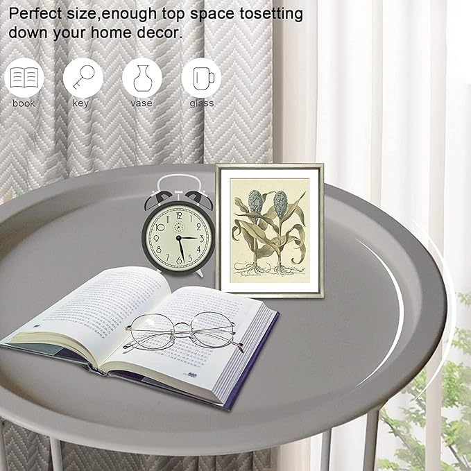 Garden 4 you Folding Tray Metal Side Table 2PC Grey Round End Table Cyan Sofa Small Accent Fold-able Table, Round End Table Tray, Next to Sofa Table, Snack Table for Living Room and Bed Room