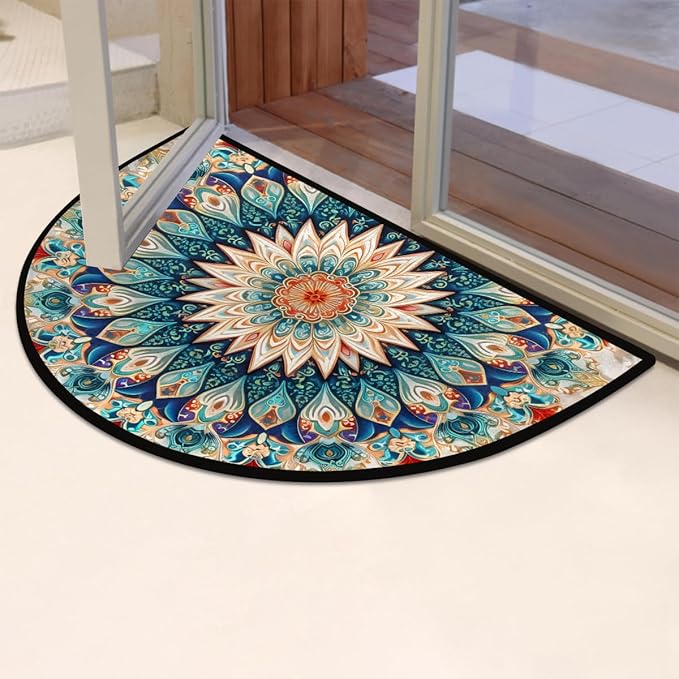 cfpolar Boho Vintage Mandala Flower Shape Half Round Semicircle Non Slip Soft Area Rug for Front Door Indoor Entrance Wear Resistant Welcome Mat for Garage Patio Home Decor 24 x 36 in
