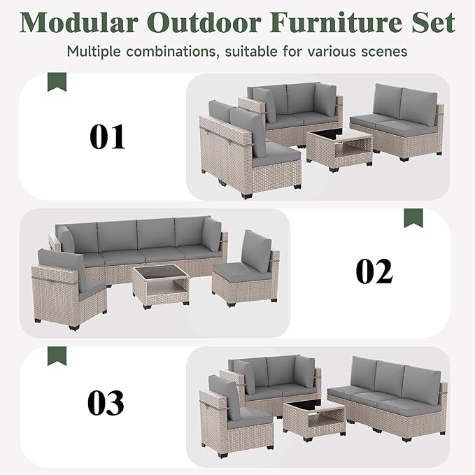 10 Pieces Patio Furniture Set, Outdoor Sectional Wicker Sofa with Thick Cushions and Storage Coffee Table, Rattan Patio Conversation Sets for Deck Yard Poolside, Grey