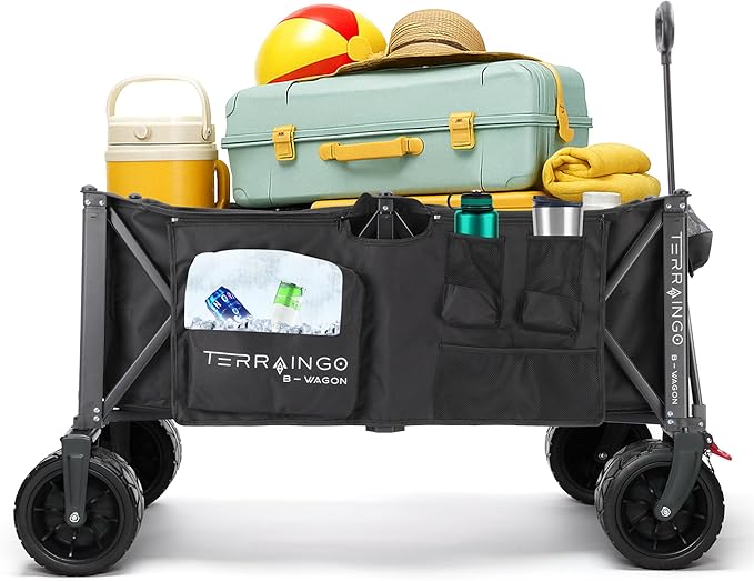 Foldable Beach Wagon Cart- Interchangeable All Terrain Wheels- 12" Beach Wheels Optional- Patent Pending- Gardening, Fishing, Shopping-Built-in Insulated Cooler Pouch, More Storage Pockets, Cupholders