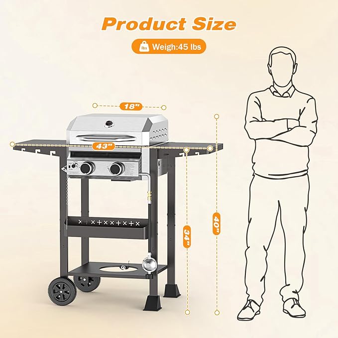 2 Burner Gas Grills Propane, 16,000 BTU Stainless Steel Compact Gas Barbecue Grill with Foldable Shelves, Small Propane Grills Outdoor Cooking for Patios Backyard Camping, 255 SQ.IN Cook Area