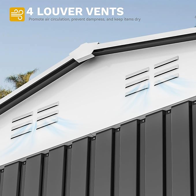 DWVO 10' x 10' Outdoor Storage Shed, Waterproof Metal Garden Shed with Windows, Lockable Doors, and Sloped Roof for Patio, Backyard, Lawn, Tool Storage, Bike Shed, Pet Shelter (Gray + White)