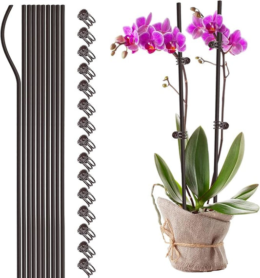 10PCS Garden Metal Plant Stakes with 15PCS Vine Fixing Clip Set, 15.75inch Tall Single Stem Flower Stakes, Bendable Plastic Coated Garden Plant Stakes Holder for Amaryllis Orchid Lily Rose(Brown 40cm)
