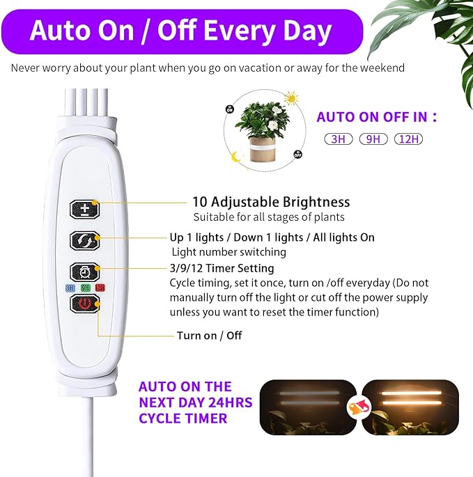 LED Grow Light Strips, Full Spectrum 3500K Plant Growing Lights for Indoor Plants, Plant Lamp for Hydroponics Succulent with 3/9/12H Timer, 10 Dimmable Levels, 3 Head 13 Inches (2 Strip 3 Pack)