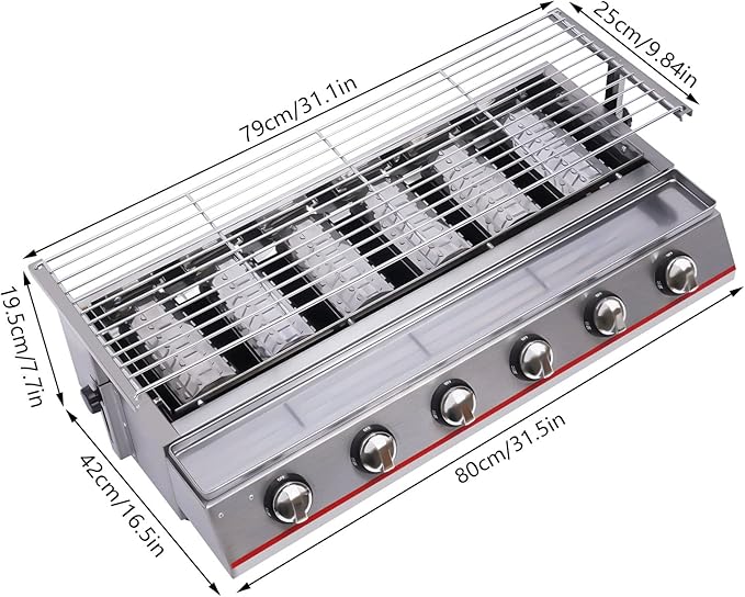 Outdoor Park Grills, 6 Burner Gas BBQ Grill With Adjustable Temperature, Portable Stainless Steel Barbecue Table Top Grill Cooking With Adjustable Height With Food Tray For Families, Barbecue Stores