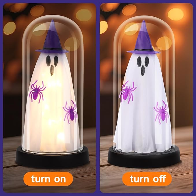 Halloween Decor-Halloween Decorations Indoor-Light Up Ghost in Glass Cloche-Cute Ghost with Light for Home Kitchen Mantel Tabletop Party Decor- Ghost-Purple