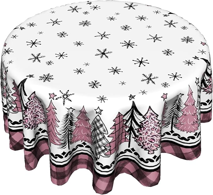 Giwawa Christmas Round Tablecloth 60 Inch,Snowflakes Pink Buffalo Plaid Xmas Pine Trees Farmhouse Washable Polyester Fabric Table Cover for Kitchen Winter Holiday Party Table Decor