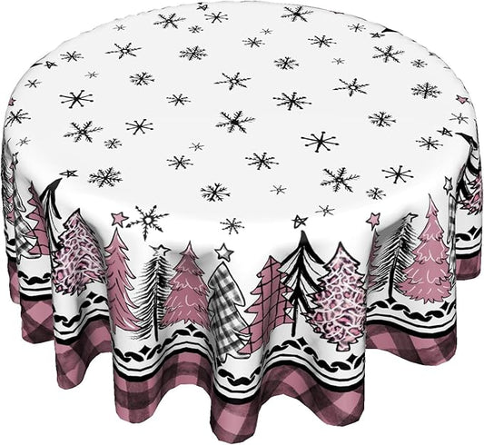 Giwawa Christmas Round Tablecloth 60 Inch,Snowflakes Pink Buffalo Plaid Xmas Pine Trees Farmhouse Washable Polyester Fabric Table Cover for Kitchen Winter Holiday Party Table Decor