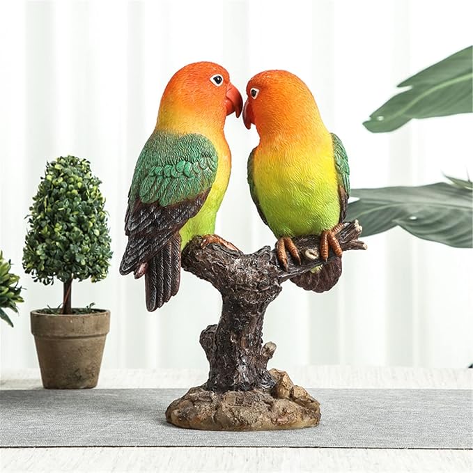 Lovebird Parrot on Stump Statue - Tree Hugger Garden Statues, Resin Parrot Figurines Lifelike Tropical Bird Sculptures for Patio Lawn Yard Home Desktop Decoration - Multicolor