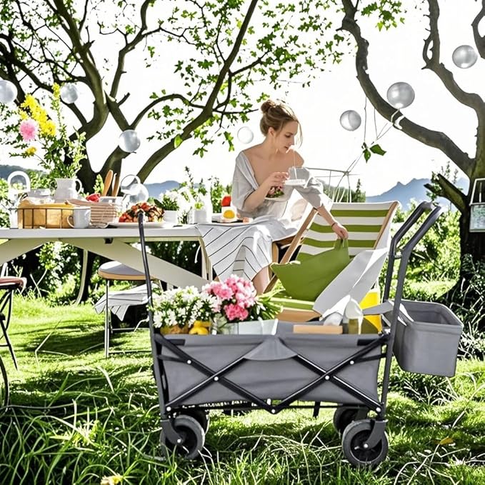 AthLike Extra Large Collapsible Wagon w/Removable Canopy, 250lbs/262L Capacity Foldable Garden Cart w/Rear Storage, Heavy Duty Push&Pull Utility Camping Beach Stroller w/Big Wheel&Adjustable Handles