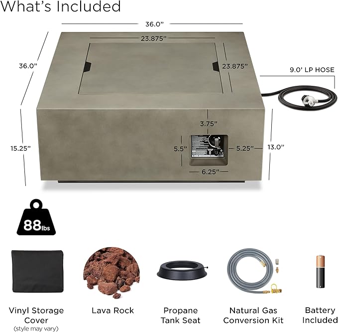 Real Flame Aegean 36”in Square Propane or Natural Gas Fire Pit Table, 50,000 BTU, Powder-Coated Steel, Push-Button Ignition, CSA Certified, Lava Rock, Storage Cover, Stainless Steel Burner with Lid