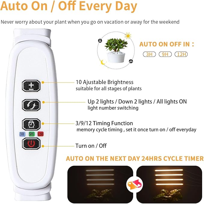 LED Plant Grow lamp, 3500K Full Spectrum Growing Light Strips for Indoor Small Plants with 3/9/12H Timer & 10 Dimmable Levels, LED Growth Light for Green House Hydroponics Succulent 2 Pack
