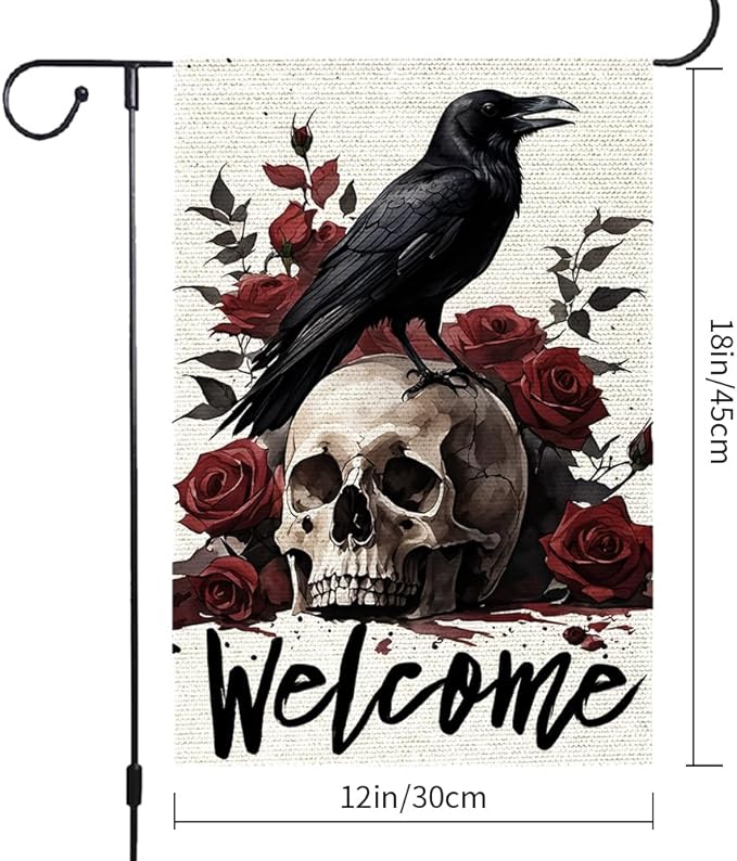 Halloween Welcome Skull Floral Rose Crow Garden Flag Double Sided Vertical, Rustic Farmhouse Yard Day Of The Dead Holiday Outdoor Decorative Flag 12.5 X 18.5 Inch