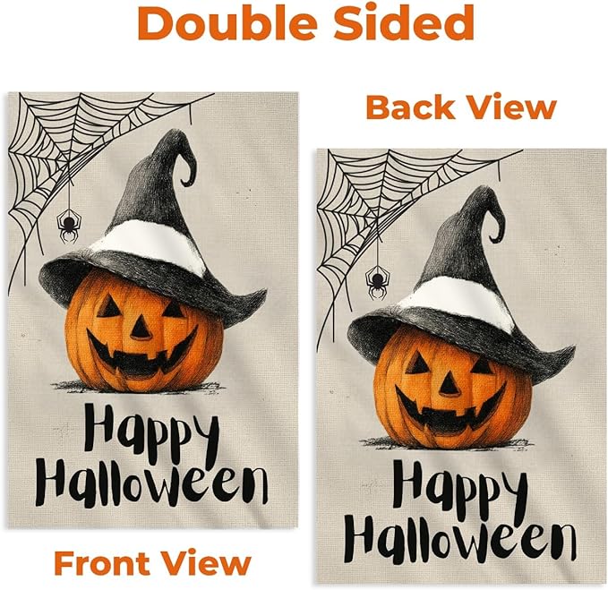 Halloween Garden Flag 12x18 Double Sided – Burlap Yard Flag with Pumpkin Wearing Hat and Spider Web for Outdoor Fall Halloween Decor