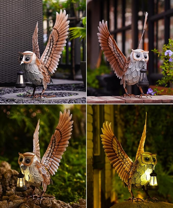 Nacome Garden Owl Statue for Yard Art: Metal Outdoor Sculptures with Solar Lantern for Clearance Lawn Decor for Patio Balcony Front - Gifts for Mom Grandma