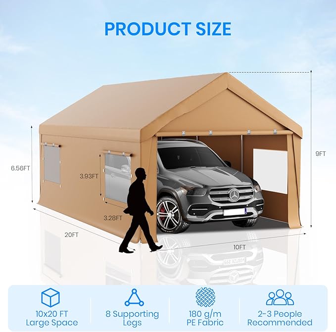 Carport 10x20 FT Heavy Duty, Outdoor Portable Garage with Removable Sidewalls & Doors, Waterproof, UV-Resistant Canopy Shelter for Vehicles, Boats, RVs, Trucks, All-Season Car Port,Yellow