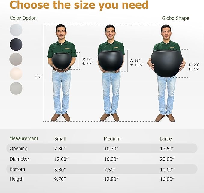 9.7" H x 12" D Globo Fiberstone Round Planter with Drainage Hole, Weather Resistant, Smooth Finish, Planters for Indoor Plants & Outdoor, 2 Extra Coco Mats (Black, 7.8" Pot Opening)