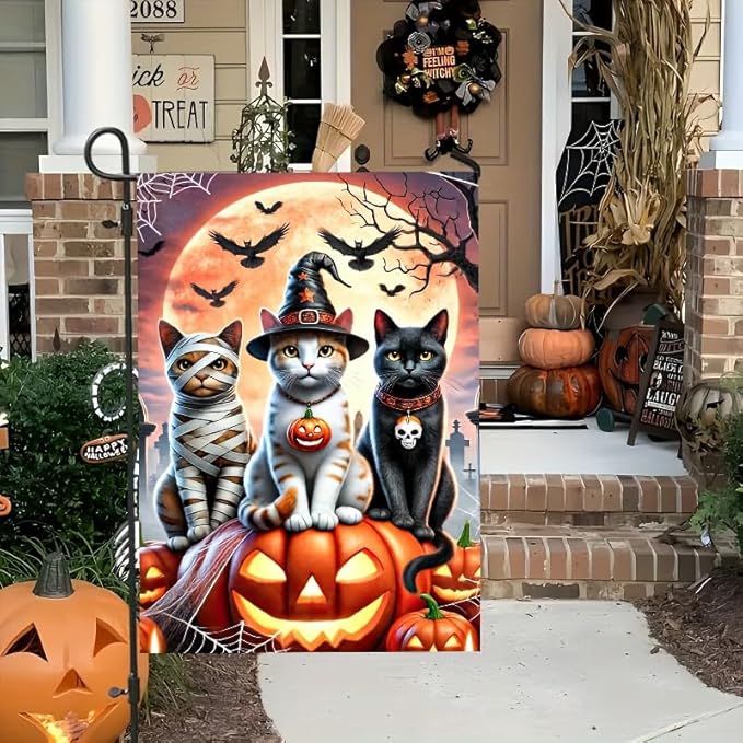 Cats Halloween Garden 12x18 Double Sided Flags Trick or Treat Holiday Pumpkin Garden Flag Cute Kitten Fall Holiday Yard Spooky Flag Winter Lawn Flags Farmhouse Outdoor Decor Banner