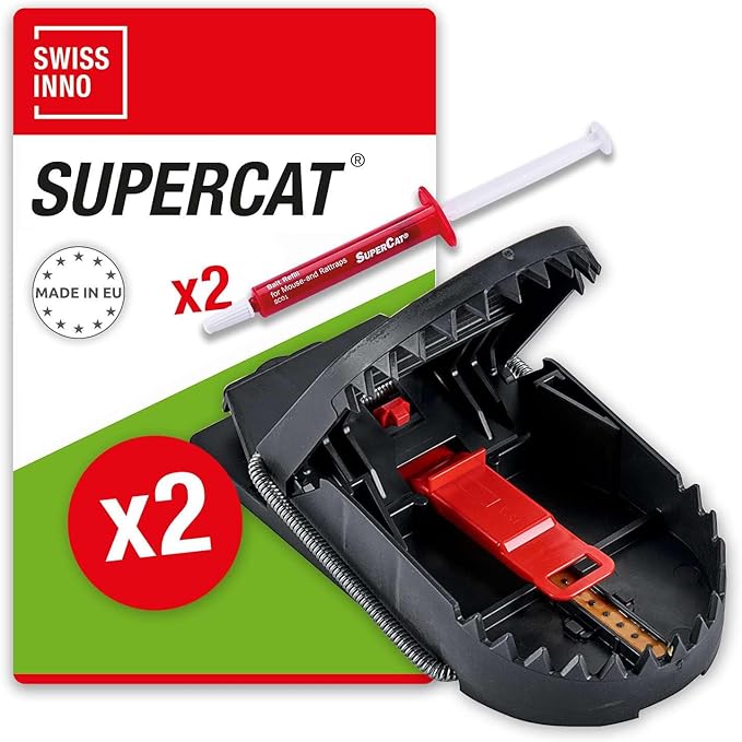 SWISSINNO Rat Trap PRO SuperCat - Reusable, Reliable and Effective - Powerful snap Trap for Rat Elimination Without False Catches, with Peanut Butter Bait - 2 Traps + 2 Bait Syringes