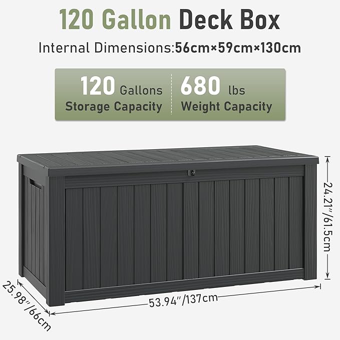120 Gallon Deck Box,Waterproof Resin Outdoor Storage Box Lockable for Patio Furniture Cushions, Garden Tools, Heavy-Duty Double-Wall Structure with Gas Lift and Reinforced Seat Lid, Black