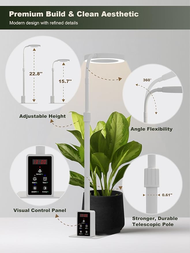 GLOWRIUM Smart LED Grow Lights for Indoor Plants, Desk Plant Light with Bluetooth App Control, 12W Full Spectrum Grow Lamp, Height Adjustable 16"-23", Auto Timer, Watering Reminder for Small Plants