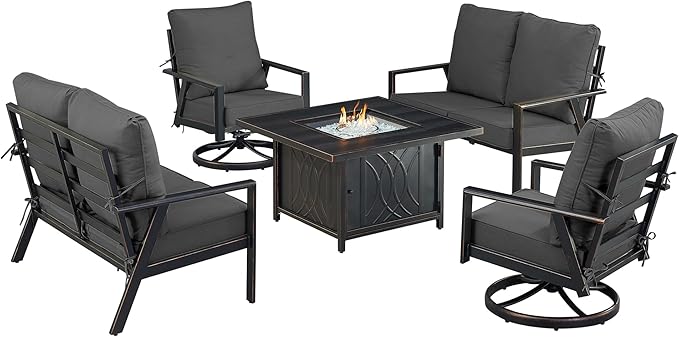 Oakland Living Black Aluminum Patio Fire Table Set with Two Deep Seating Loveseat with Cushions and Two Club Chairs with Black Cushions
