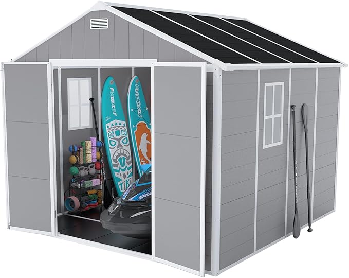 Outdoor Storage Shed 8x8 FT, Resin Shed with Floor & Window, Lockable Door, Vents, Outside Sheds & Garden Shed for Patio Furniture, Gardening Tools, Pool Equipment (Grey, 8 * 8ft)