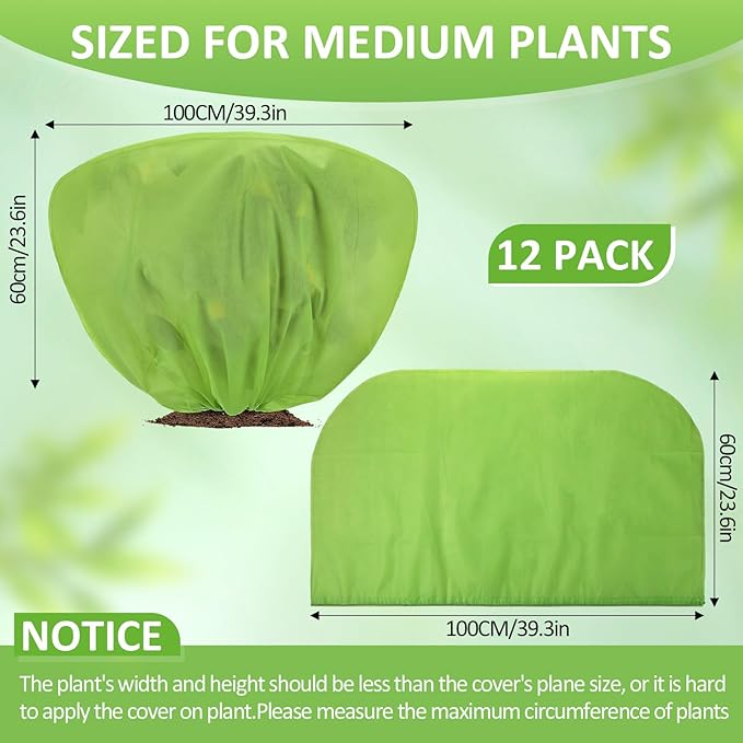 12 Pcs Winter Plant Covers Freeze Protection 39.4x23.6 Inch Horizontal Shrub Tree Rose Plant Protection Bags Frost Blanket with Drawstring for Fall Winter Outdoor Garden Planting (Green)
