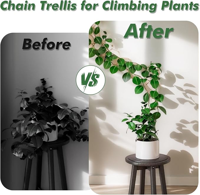 15 Ft Chain Trellis for Climbing Plants Indoor, 36 Packs Hexagon DIY Wall Trellis, Pothos Plant Climber Support, DIY Lengths Plant Support Stakes with Connect-Hooks, Ties, Hooks, Black