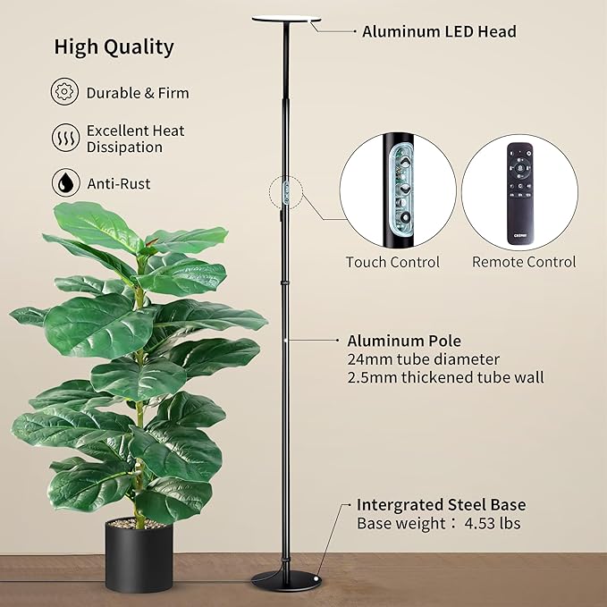 chiphy Grow Lamp, 40W Full Spectrum Grow Lights for Indoor Plants, 4H/8H/12H Timer, 2300K-6500K, 10 Dimmable Levels, 76''Height Adjustable, Remote Control, Ideal for Large Tall Plants