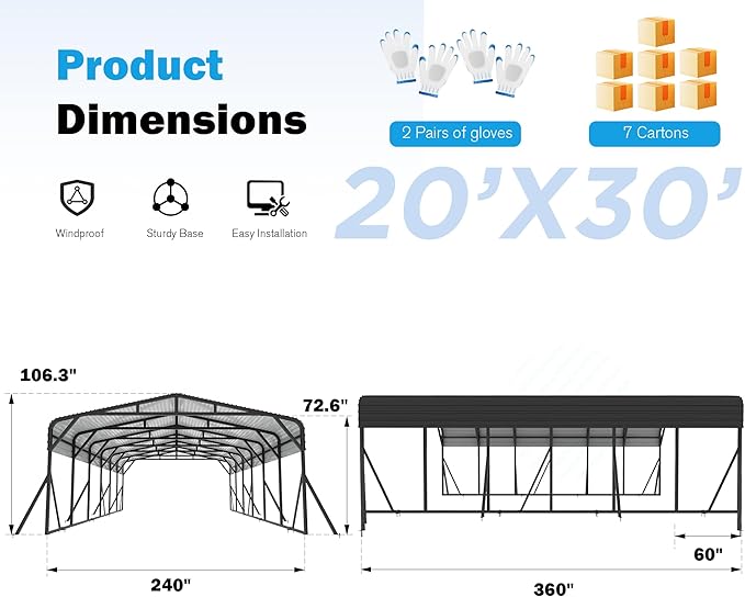 Carport Canopy 20’X30’ Heavy Duty Car Port Galvanized Steel Roof, Reinforced Stable Triangle Frame for Snowy Windy Metal Carports Enhanced Base Car Tent for Car,RV,Pickup,Boat,Truck,Tractor