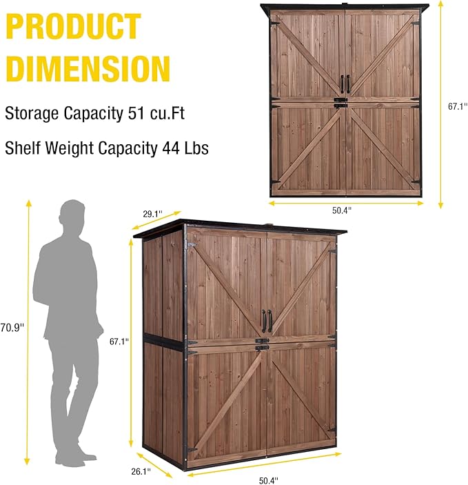 Aivituvin Outdoor Storage Shed with Floor, Garden Tool House with Metal Frame Structure, Large Wooden Cabinet with Adjustable Shelves for Backyard Garden Patio (Dark Brown)