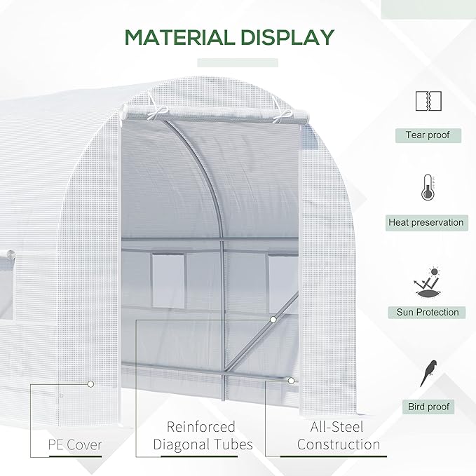 Outsunny 15' x 7' x 7' Walk-in Tunnel Greenhouse, Large Garden Hot House Kit with 6 Roll-up Windows & Roll Up Door, Steel Frame, White
