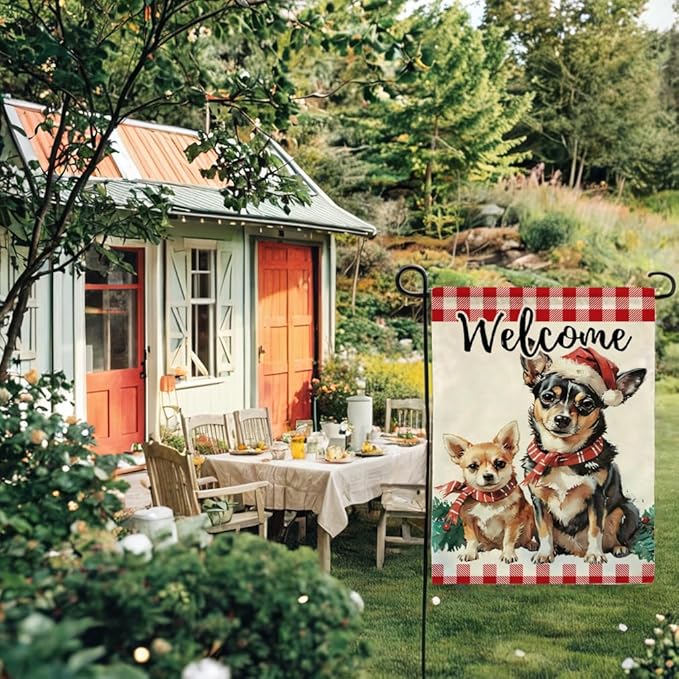 Christmas Dogs Garden Flag with Santa’s Hat Design Double Sided Farmhouse Welcome Decorative Small Burlap Flags 12.5 x 18 Inch for Winter Holiday Christmas Season Decor (Red)