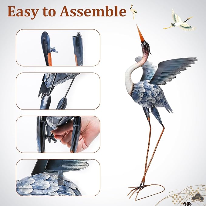 MUMTOP Crane Garden Statues for Outside, Blue Heron Garden Sculpture Statue, 37 Inch Large Bird Yard Art for Backyard Pond Patio Porch Decoration