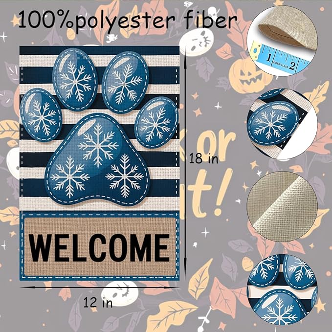 Fokongna Winter Welcome Garden Flag, Dog Paw Print Winter Christmas Decor Garden Flag, 12x18 Inch Burlap Vertical Double Sided Flags, for Home Yard Outside Decorations