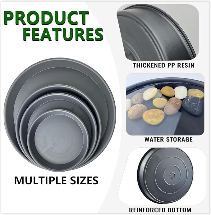 6 Pack 8-Inch Gray Plant Saucer Trays, Durable PP Plastic Pot Bases for Small Medium Planters, Modern Round Flower Pot Water Catcher Plates & Drip Trays for Indoor Plant Care