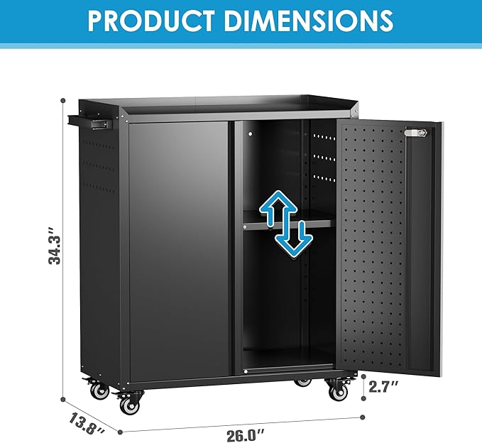 Metal Tool Cabinets with Pegboard and Hooks,Garage Storage Cabinet with Wheels and 2 Lockable Doors for Garage, Home, Office,Assembly Required,Black,13.8" D x 26" W x 34.3" H