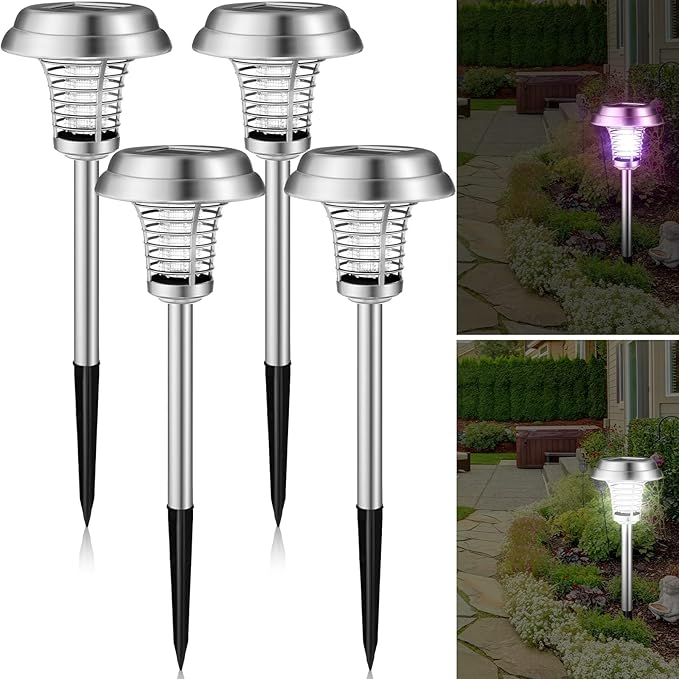 Qualirey 4 Pcs Solar Bug Zapper Waterproof Outdoor Mosquito Zapper Killer and Lighting Repellent Lamp for Indoor Outdoor Use Garden Patio, Purple and White Light(Stainless Steel,Silver)