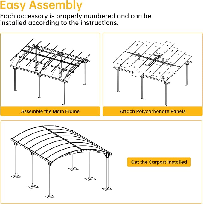 Heavy Duty Carport, 12x16ft Carport with Arch-Roof Polycarbonate Panel, Garage Car Shelter Outdoor Storage Shed for Cars, Boats and Trucks,Gray