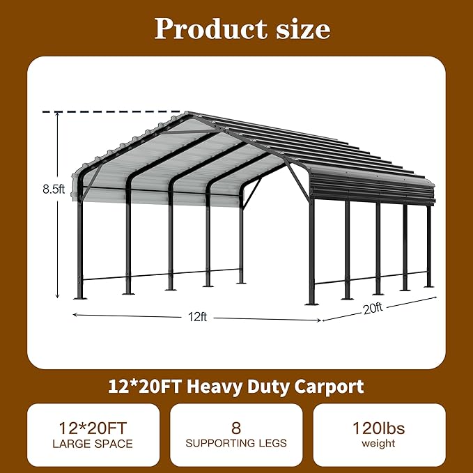 Walsunny Metal Carport 12x20 FT Heavy Duty Carport Canopy with Enhanced Base, Outdoor Car Shelter with Galvanized Steel Roof and Frame Garage for Truck, SUV, Boat, Gray