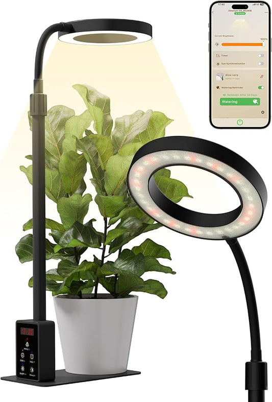 GLOWRIUM Smart LED Grow Lights for Indoor Plants, Desk Plant Light with Bluetooth App Control, 8W Full Spectrum Grow Lamp, Height Adjustable 16"-23", Auto Timer, Watering Reminder for Small Plants