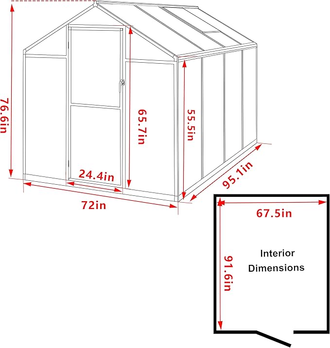 VEIKOU 6' x 8' Polycarbonate Greenhouse, Upgraded Green House for Outdoor with Sturdy Aluminum Frame Greenhouse with Vent & Lockable Door, Gray