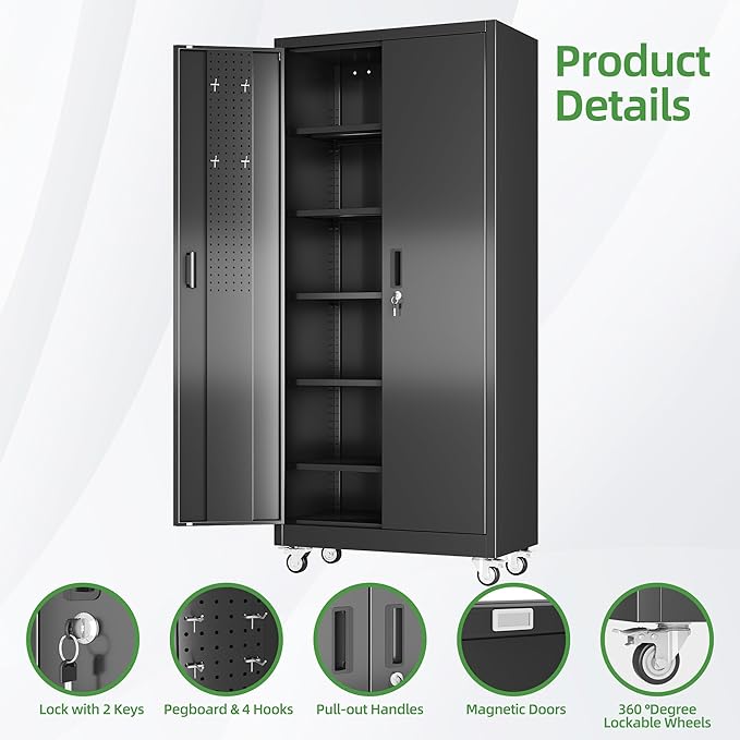 Garage Storage Cabinet with 5 Adjustable Shelves and Door Pegboard,Metal Storage Cabinet with Wheels for Garage Home,Required Assembly,Black, 71" H×32" W×16" D