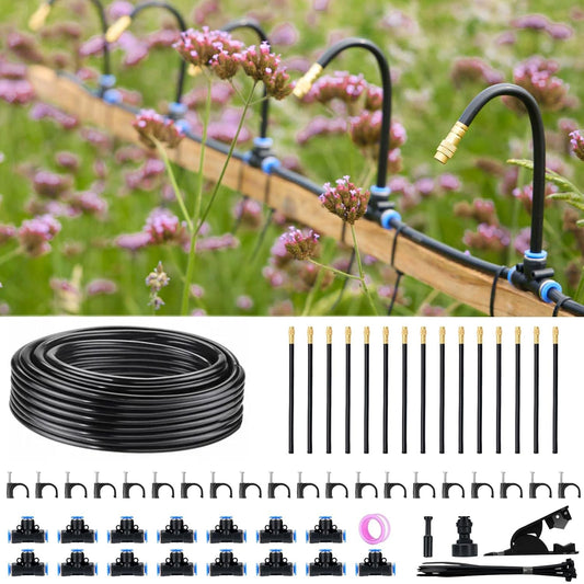 360° Automatic Drip Irrigation Kit - 5/16'' Tubing, Adjustable Universal Spray Nozzle, Copper Atomizing System for Garden/Lawn/Greenhouse - Multi-Directional Rotation, Quick Connectors, 49FT