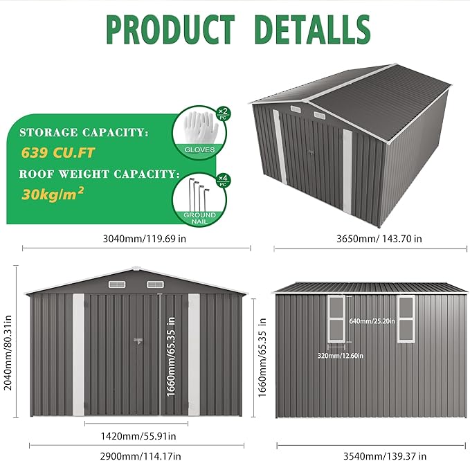 10x12 FT Outdoor Storage Shed with Windows, Metal Sheds & Outdoor Storage with Lockable Door and 4 Vents, Outside Storage Shed Waterproof for Backyard, Garden, Patio, Gray